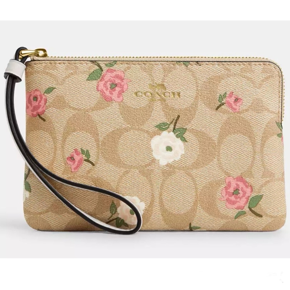 Coach Corner Zip Wristlet In Signature Canvas With Floral Print